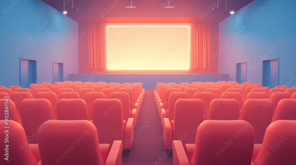 Empty theater with colorful seats and bright screen illuminated at evening showtime illustration. Empty theater with colorful seats and bright screen illuminated at evening showtime illustration.