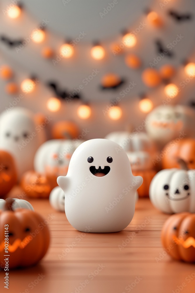 Illustration of a cute ghost with pumpkins and Halloween decorations on background. Halloween celebration and kid's concept. Image for banner with copy space, poster, and nursery decor. Illustration of a cute ghost with pumpkins and Halloween decorations on background. Halloween celebration and kid's concept. Image for banner with copy space, poster, and nursery decor.