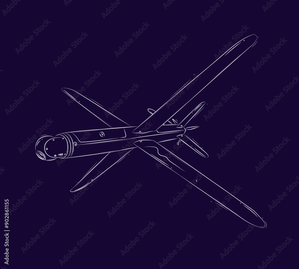 Military FPV drone with camera and wings drawn in white on blue background