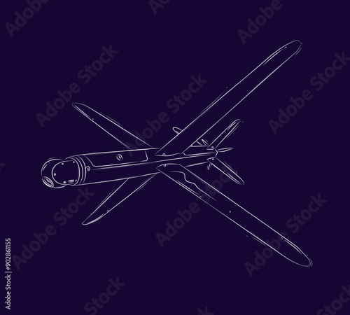 Obraz na płótnie Military FPV drone with camera and wings drawn in white on blue background w salonie