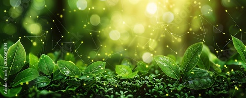 Green Leaves and Glowing Lines in a Forest Setting