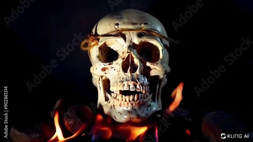 Skull on Fire Dark Horror Evil Scary Black Magic Halloween Background 4k 