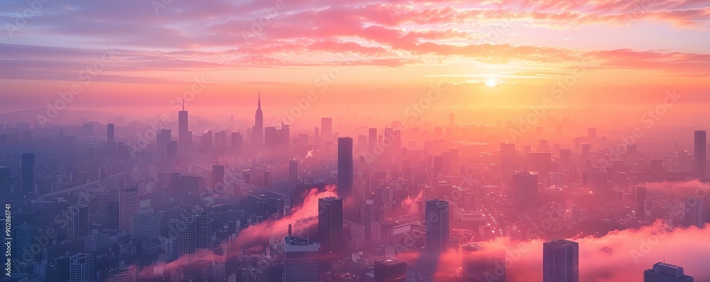 Fototapeta premium Sunrise over a cityscape with fog and clouds