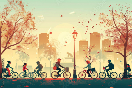 A group of people cycling through a sunny urban park lined with trees and buildings in the backdrop, promoting outdoor activities and leisure.