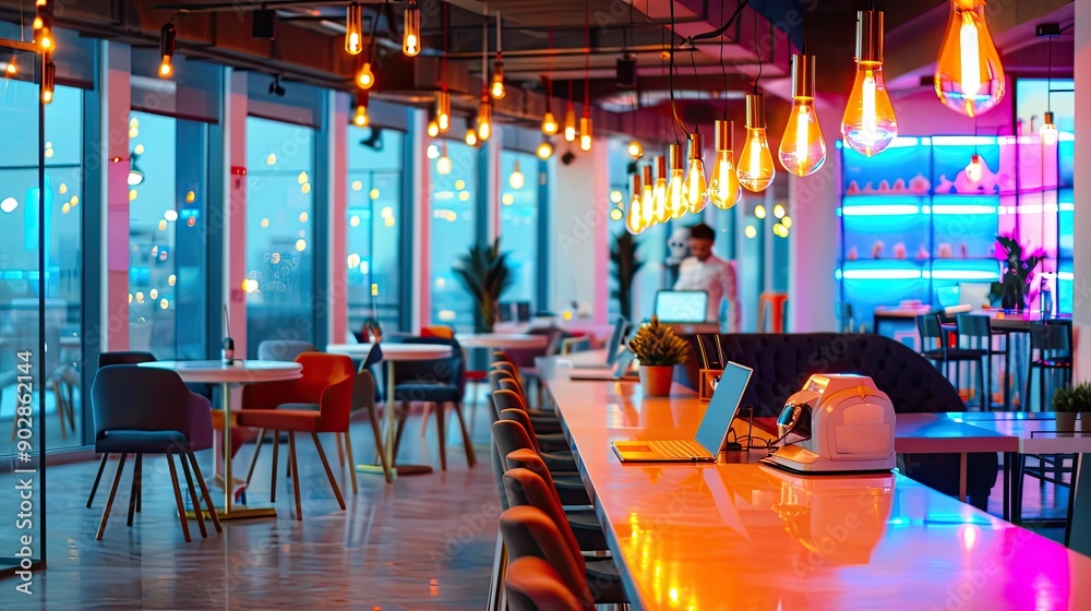 Fototapeta premium Contemporary bar with vibrant neon lights and futuristic design elements, featuring stylish seating and a sleek, illuminated bar counter...