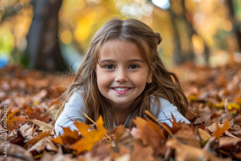 A happy girl with a bright smile lies in a pile of colorful autumn leaves, enjoying the warm fall sunlight. A happy girl with a bright smile lies in a pile of colorful autumn leaves, enjoying the warm fall sunlight.