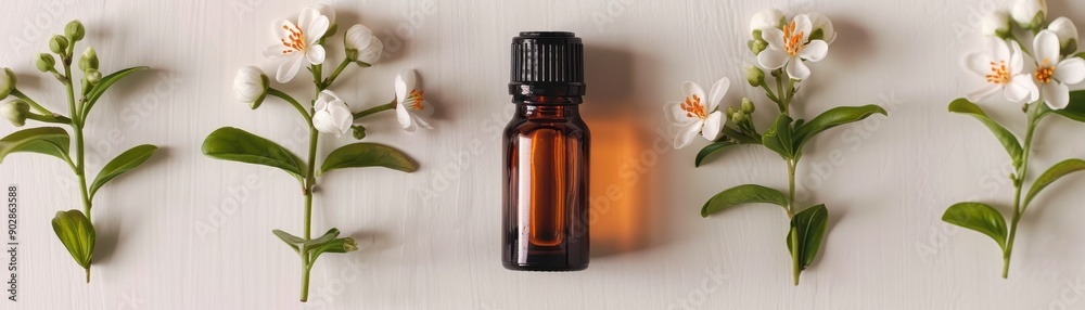 A bottle of essential oil is sitting on a white wall. The bottle is brown and has a black cap. The bottle is casting a shadow on the wall, creating a sense of depth and dimension A bottle of essential oil is sitting on a white wall. The bottle is brown and has a black cap. The bottle is casting a shadow on the wall, creating a sense of depth and dimension
