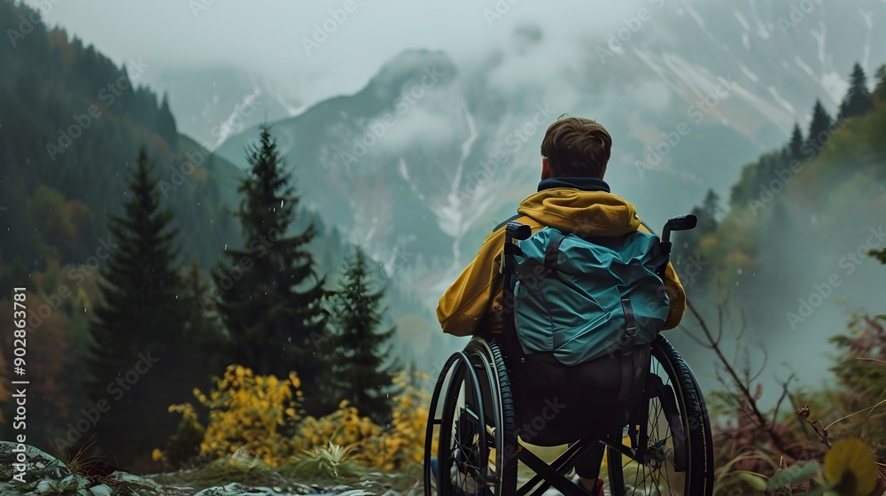 Obraz premium Paraplegic Embracing Adventure and in Misty Mountain Landscape