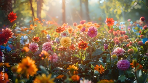 Vibrant and Diverse Floral Garden Landscape Bathed in Warm,Inviting Sunlight
