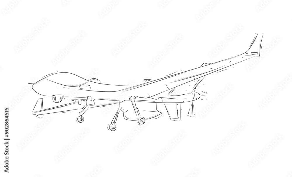 Large airborne reconnaissance armed drone drawn in white on blue background