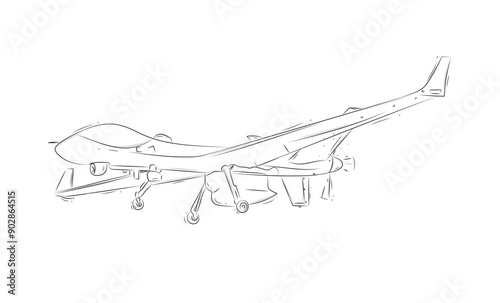 Obraz na płótnie Large airborne reconnaissance armed drone drawn in white on blue background w salonie