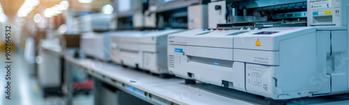 Row of industrial printing machines in a factory setting, showcasing modern technology and efficiency in the printing industry. © khonkangrua