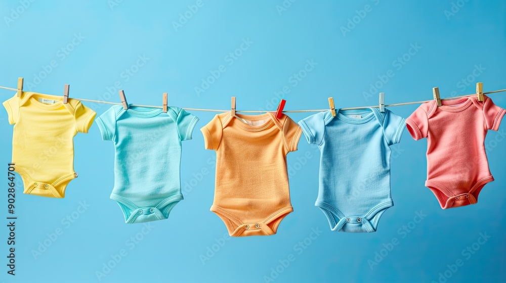Clothesline of colorful baby onesies, set against a charming blue backdrop Clothesline of colorful baby onesies, set against a charming blue backdrop