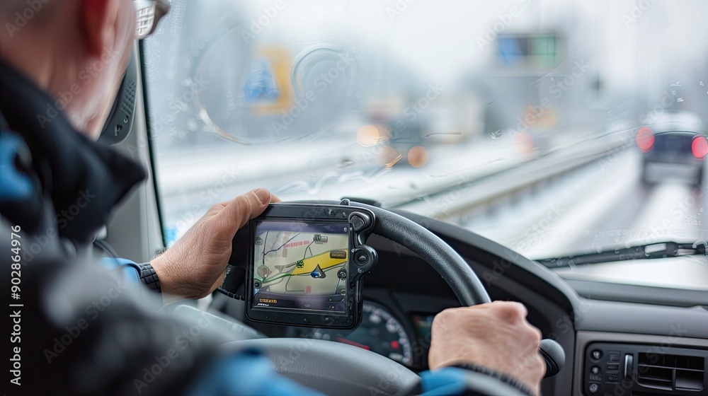 Naklejka premium A driver uses a GPS navigation system for route guidance while driving, ensuring efficient and accurate travel directions...