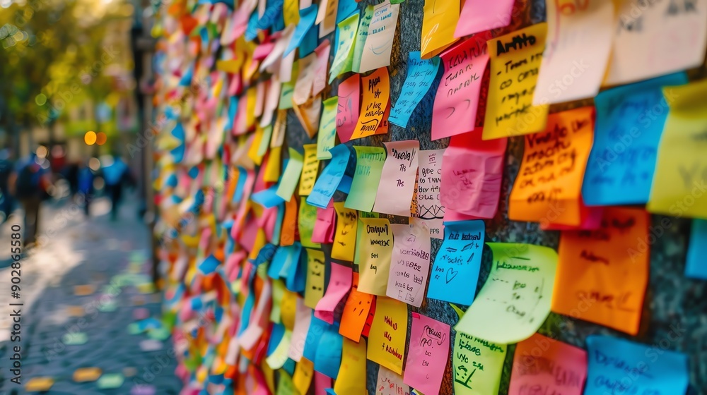 Wall covered with sticky notes, vibrant colors, creative and chaotic Wall covered with sticky notes, vibrant colors, creative and chaotic
