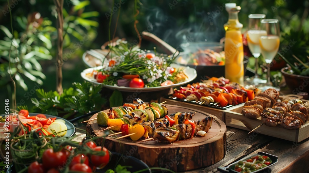 Grilled Skewers and Side Dishes on a Rustic Table