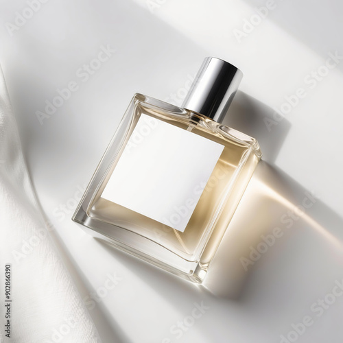 Fashion glass bottle of perfume with white blank label mockup on white background