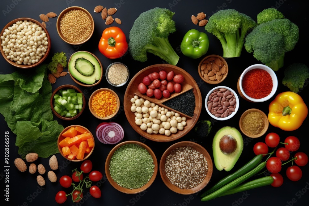 Healthy Food Ingredients on a Black Background Healthy Food Ingredients on a Black Background