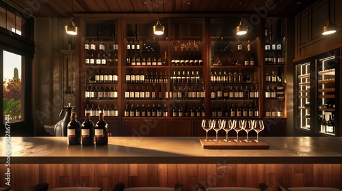 An inviting wine tasting room with a variety of wine bottles on display
