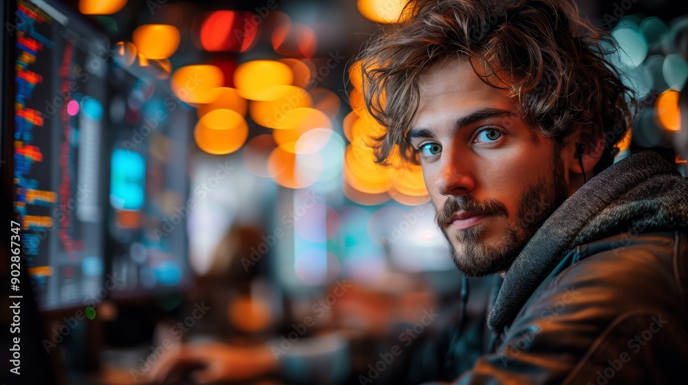 Young man analyzing data on multiple screens. Young man with headphones, looking at multiple computer screens displaying data, in a modern workspace with colorful lights. Young man analyzing data on multiple screens. Young man with headphones, looking at multiple computer screens displaying data, in a modern workspace with colorful lights.