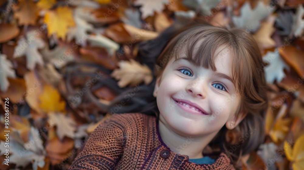 A happy child with blue eyes smiles while lying in a bed of brown and orange autumn leaves, embracing the fall season. A happy child with blue eyes smiles while lying in a bed of brown and orange autumn leaves, embracing the fall season.