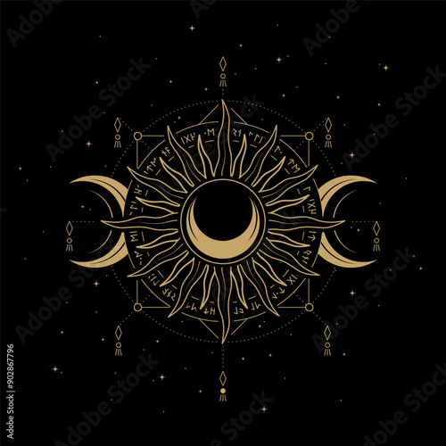 mysterious golden sun and moon vector design