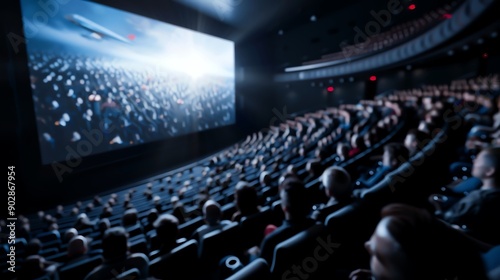 A movie theater with people watching a film on a big screen