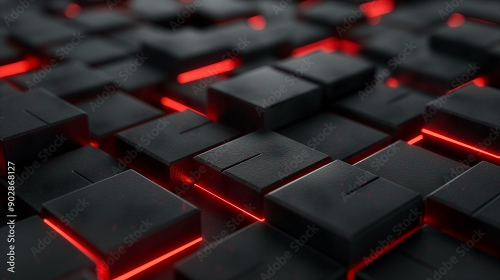 Fototapeta premium Abstract Black Cubes with Red Neon Lights.