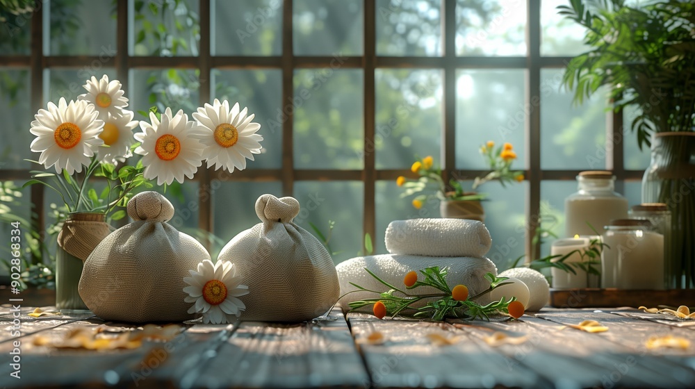 Fototapeta premium Spa herbs and flowers with sunlight. Tranquil spa setup with herbal pouches, daisies, and rolled towels, bathed in gentle sunlight.