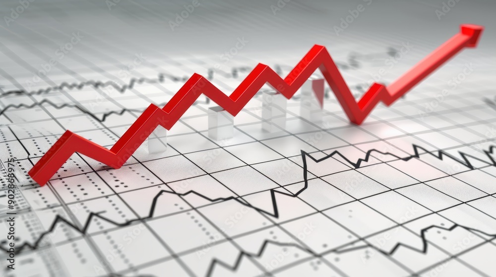 Red arrow is growing on a statistical chart, representing a positive trend in a financial market. This image could be useful for illustrating business growth Red arrow is growing on a statistical chart, representing a positive trend in a financial market. This image could be useful for illustrating business growth