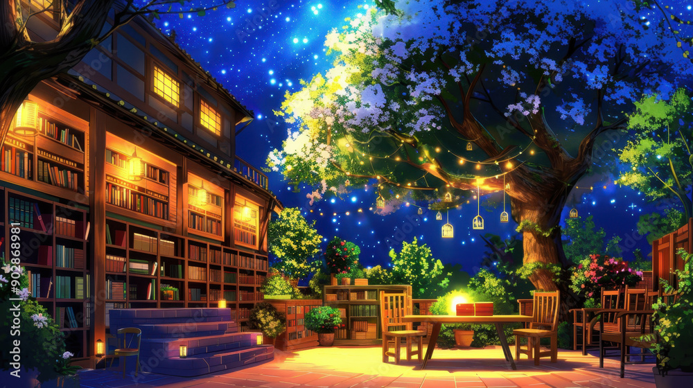 Fototapeta premium Cozy outdoor reading nook illuminated by warm lights, surrounded by blooming flowers and a starry night sky with a scenic library