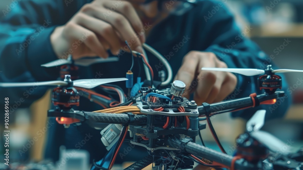 Fototapeta premium A technician meticulously connects wires and components while assembling a drone in a well-lit workshop