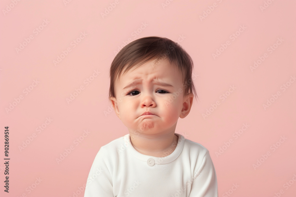 Crying toddler baby isolated on pink studio background: unhappy and dissatisfied child showing frustration, hungry and upset, nervous face expression, negative emotion