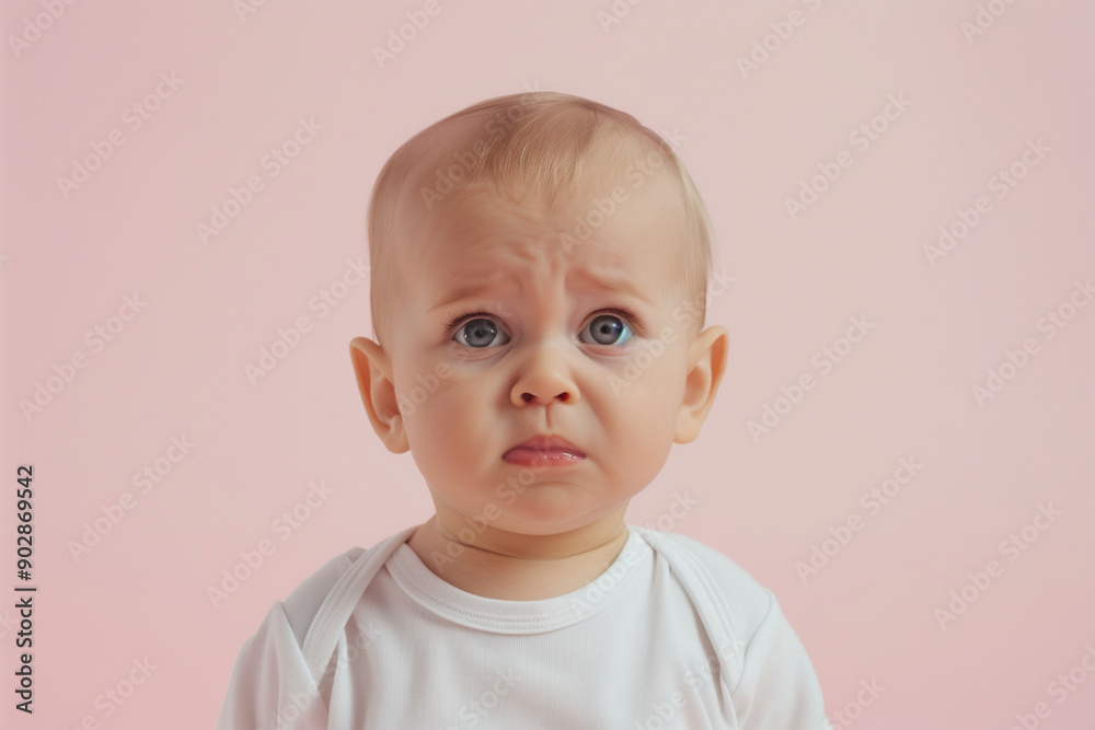 Upset baby isolated on pink background: crying toddler with unhappy, dissatisfied, and nervous face expression, showing frustration, hungry and negative emotion Upset baby isolated on pink background: crying toddler with unhappy, dissatisfied, and nervous face expression, showing frustration, hungry and negative emotion