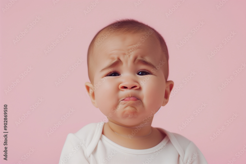 Upset baby isolated on pink background: crying toddler with unhappy, dissatisfied, and nervous face expression, showing frustration, hungry and negative emotion Upset baby isolated on pink background: crying toddler with unhappy, dissatisfied, and nervous face expression, showing frustration, hungry and negative emotion