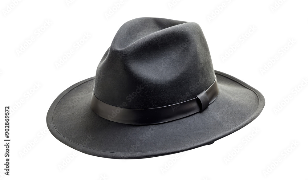 Stylish black fedora hat with a ribbon band isolated on a transparent background