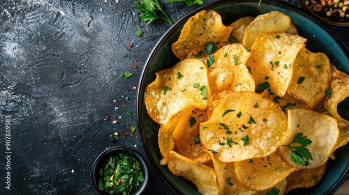 Crispy potato chips with a touch of fresh herbs, arranged in a bowl, perfect for a savory snack display