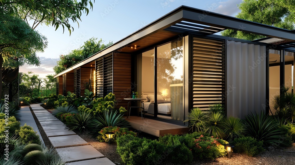 Contemporary eco-friendly container home, surrounded by greenery, sunny day, detailed digital art