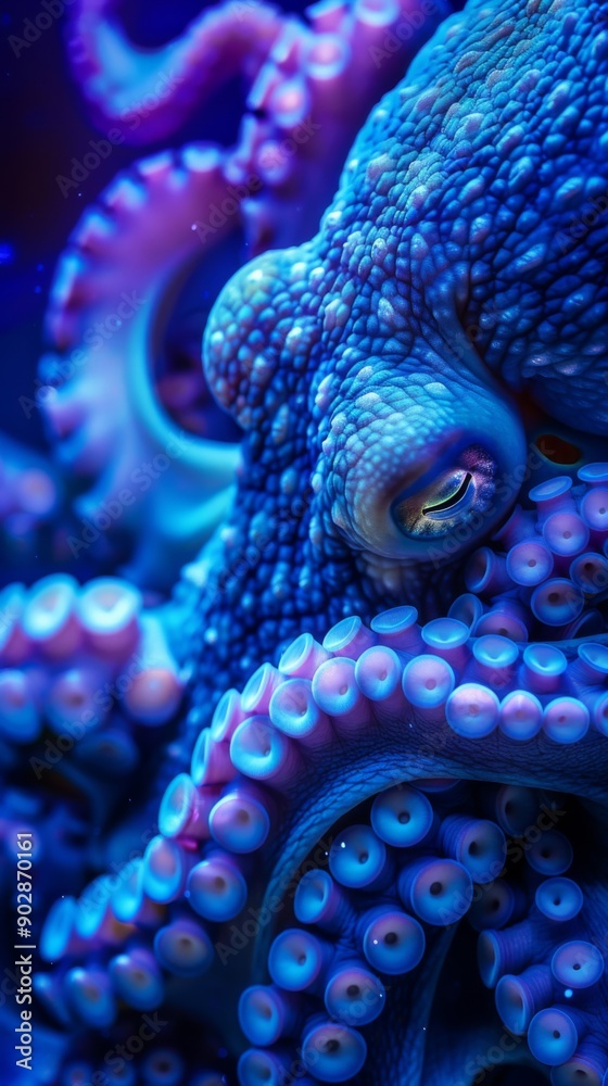 Obraz premium Bioluminescent Octopus Glowing Underwater in Deep Blue Sea