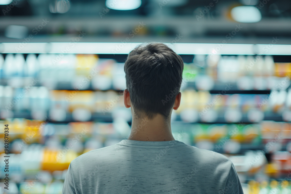 Rearview closeup of man comparing prices and choosing products on a supermarket shelf: male customer behavior, grocery store shopping, consumer decision-making Rearview closeup of man comparing prices and choosing products on a supermarket shelf: male customer behavior, grocery store shopping, consumer decision-making