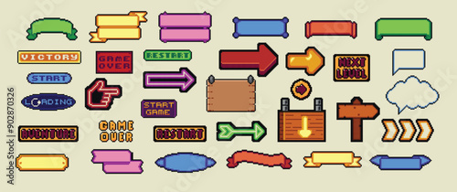 Pixel art frames. Retro 8 bit buttons, arrows, speech bubble messages, food and quote frame. Game UI vector template set of pixel game frame, 8 bit message illustration