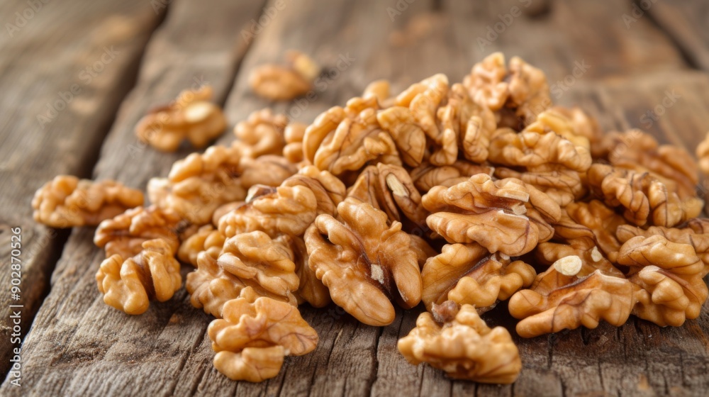 A pile of fresh walnut kernels scattered on a rustic wooden surface A pile of fresh walnut kernels scattered on a rustic wooden surface
