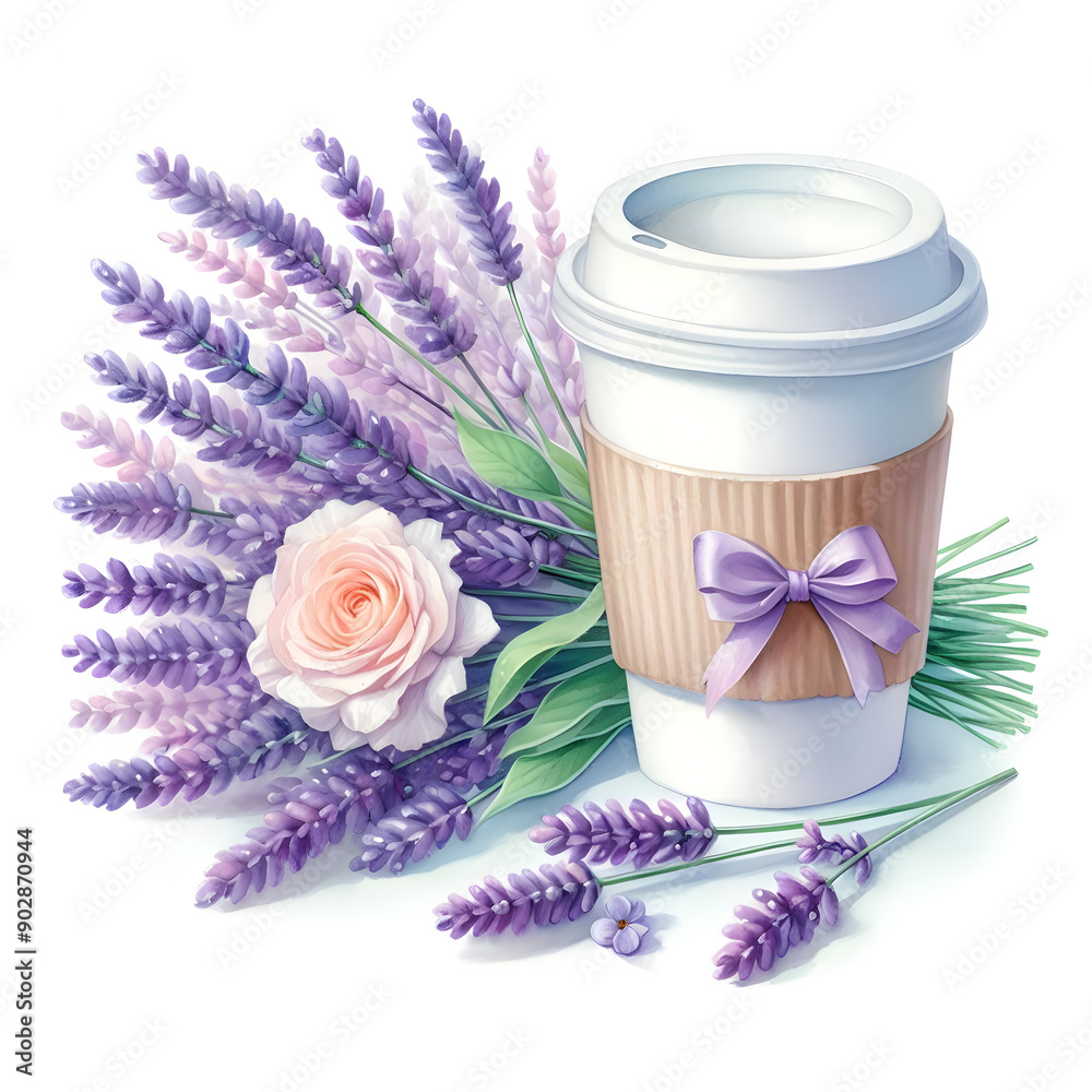 Isolated watercolor illustration with coffee cup and and bouquet of lavender on wite background. Isolated watercolor illustration with coffee cup and and bouquet of lavender on wite background.