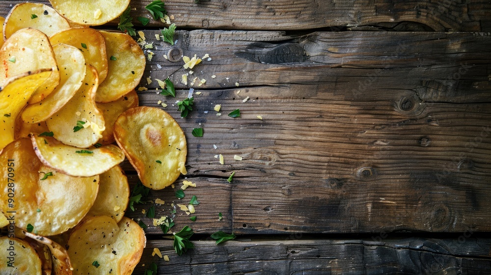 Delicious, crispy potato chips with a sprinkle of herbs, served on a rustic wooden table Delicious, crispy potato chips with a sprinkle of herbs, served on a rustic wooden table