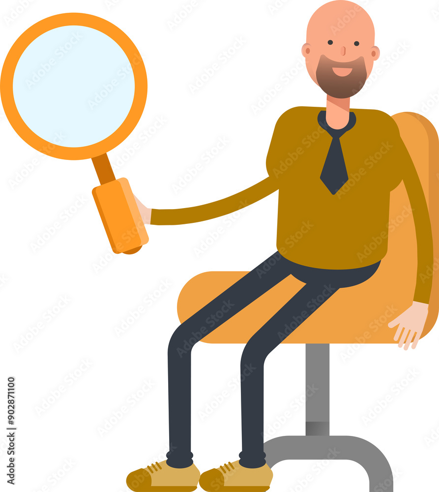 Bald Businessman Character Sitting and Holding Magnifier
