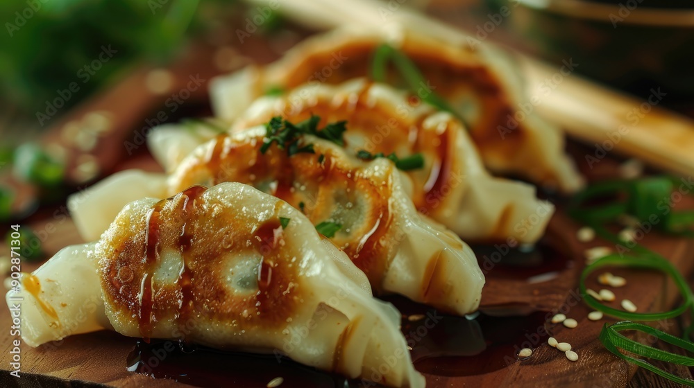 Close up Homemade Pork and Shrimp Gyoza Dumplings with Soy Sauce and Chopsticks