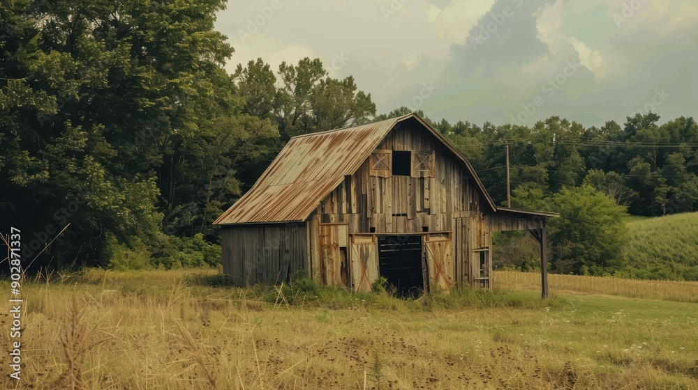 Old rustic barn with weathered wood and a rusty tin roof is standing in a field with trees in the background showing fall colors Old rustic barn with weathered wood and a rusty tin roof is standing in a field with trees in the background showing fall colors