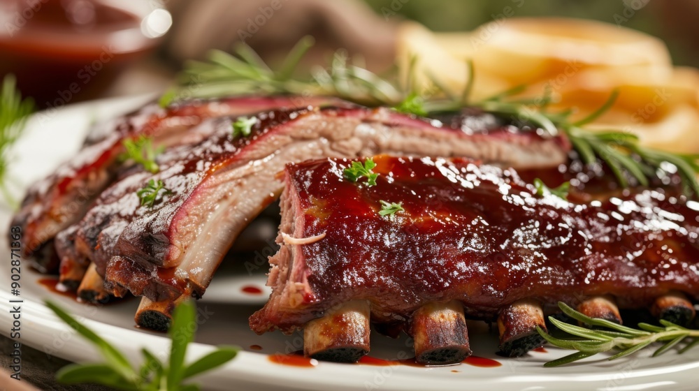 BBQ spareribs on a plate, garnished with herbs and served with sides BBQ spareribs on a plate, garnished with herbs and served with sides