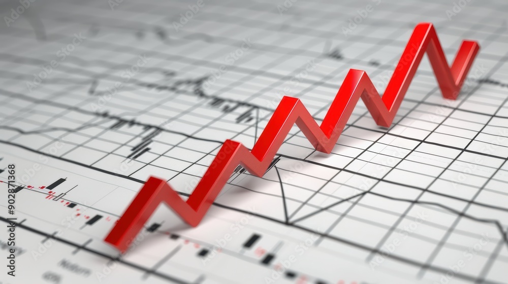 Red arrow is growing on a statistical chart, representing a positive trend in a financial market. This image could be useful for illustrating business growth Red arrow is growing on a statistical chart, representing a positive trend in a financial market. This image could be useful for illustrating business growth