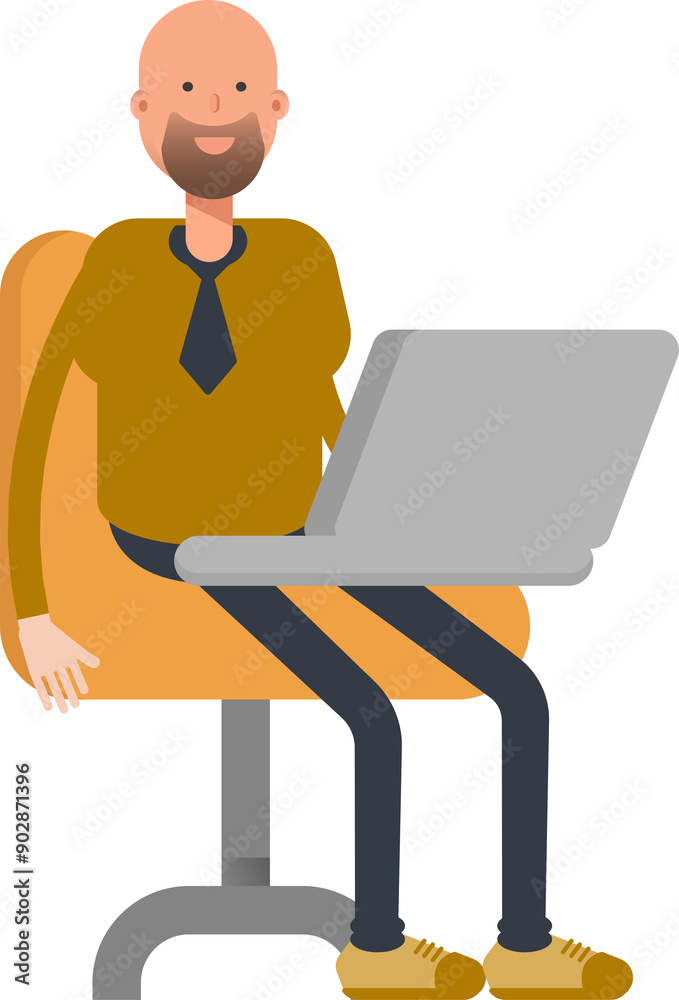 Bald Businessman Character Working on Laptop
Bald Businessman Character Working on Laptop
